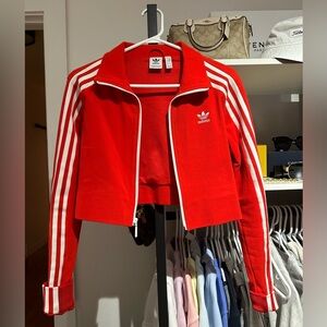 Adidas Red Cropped Zip-up Sweater with 3 Stripes